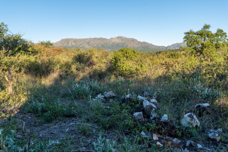 Terreno con piedras y monte nativo con las sierras de fondo